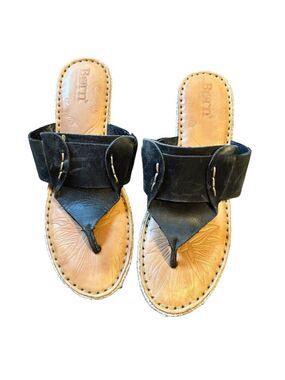 BORN Black Leather Wedge Sandals Womens Sz 8 Cork Wedge Heel Slip-On Shoes